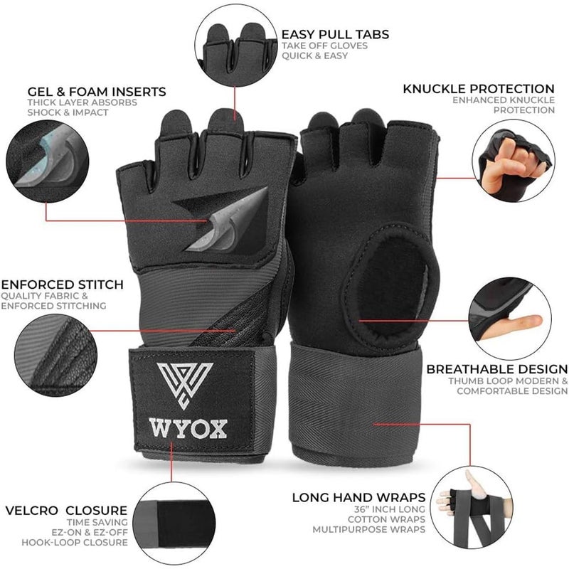 WYOX Gel Boxing Hand Wraps Inner Gloves for Men & Women, 80cm Quick Wrist Straps, Padded Knuckle Protection for Muay Thai Kickboxing, Hand Wraps for Boxing & Martial Arts (Grey, XS) - Image 2